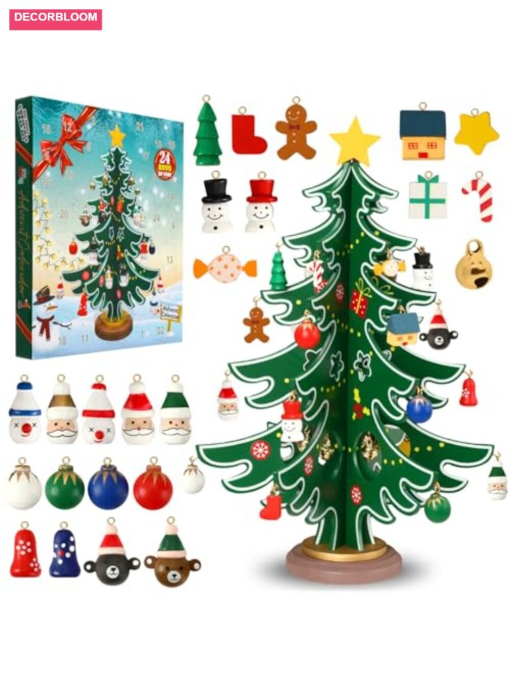 Wooden Christmas Tree Advent Calendar 24 Day Countdown Ornaments